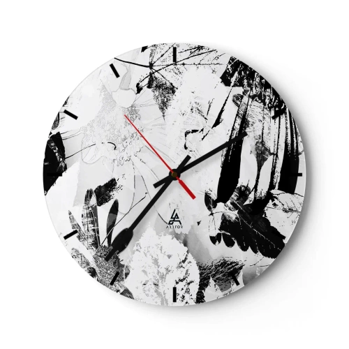 Wanduhr - Glasuhr - Schwarz-weißes Blumen- und Blattmuster im künstlerischen Stil - 30x30cm - Herbst negativ - Moderne Wanddekoration für Wohnzimmer, Küche und Schlafzimmer ARTTOR