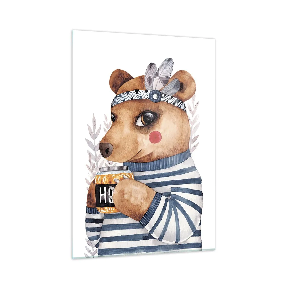 Glasbild - Bild auf glas - Ein gestreifter Teddybär mit einer Tasse Honig und Federn - 50x70cm - Süße Bärin - Moderne Wanddekoration für Wohnzimmer und Schlafzimmer ARTTOR