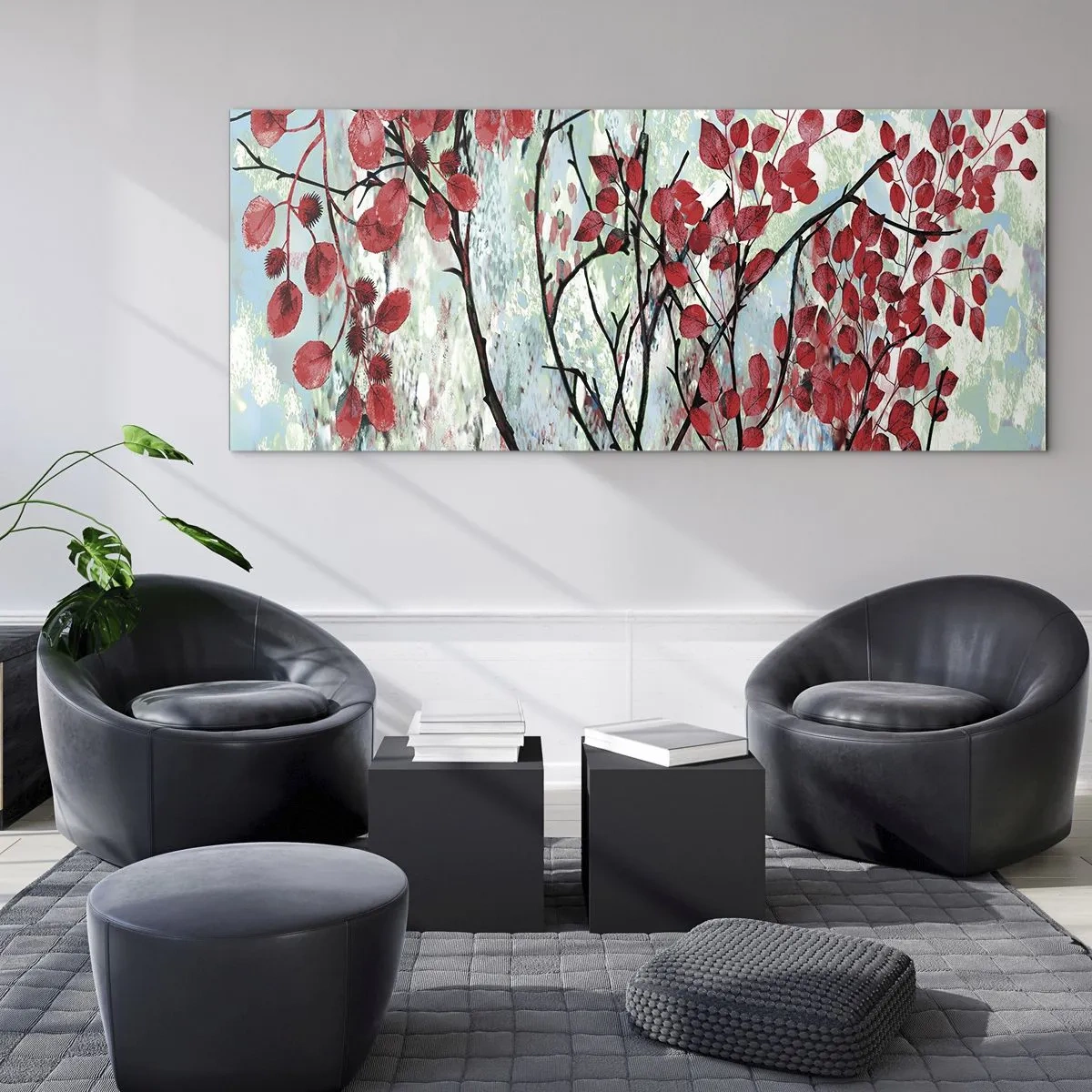 Glasbild - Bild auf glas - Rote Blätter vor einem hellen Himmel mit abstrakten Mustern - 160x50cm - Baum in Scharlachrot - Moderne Wanddekoration für Wohnzimmer und Schlafzimmer ARTTOR