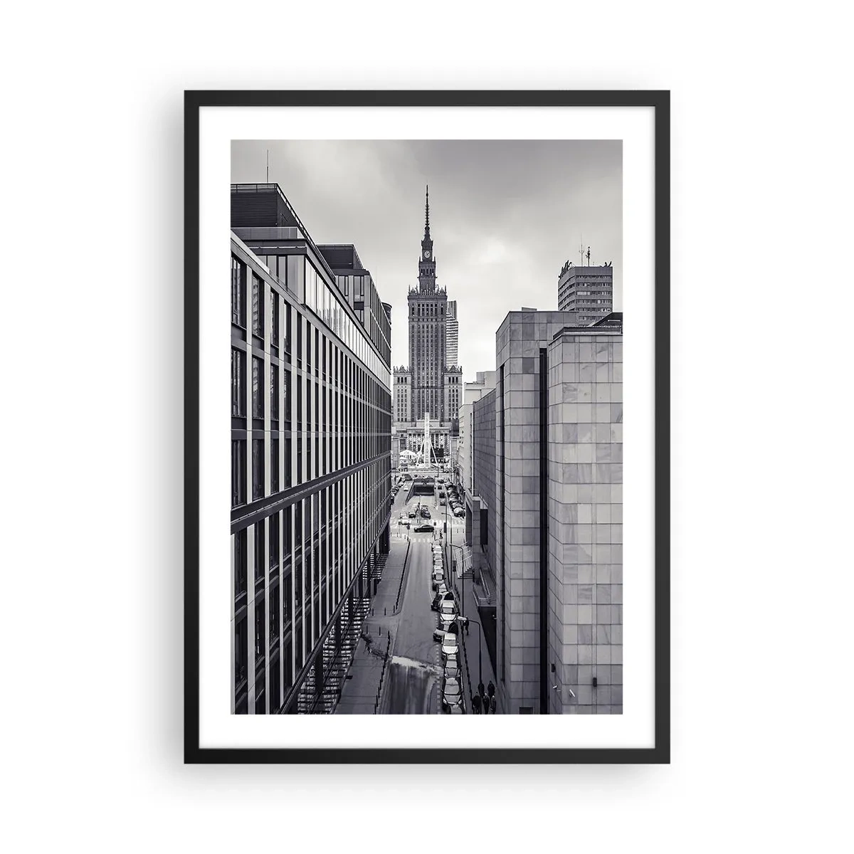 Poster in einem schwarzem Rahmen - Blick auf den Palast der Kultur und Wissenschaft in Warschau in Grautönen - 50x70cm - Warschauer Tal - Moderne Wanddekoration für Wohnzimmer und Schlafzimmer ARTTOR