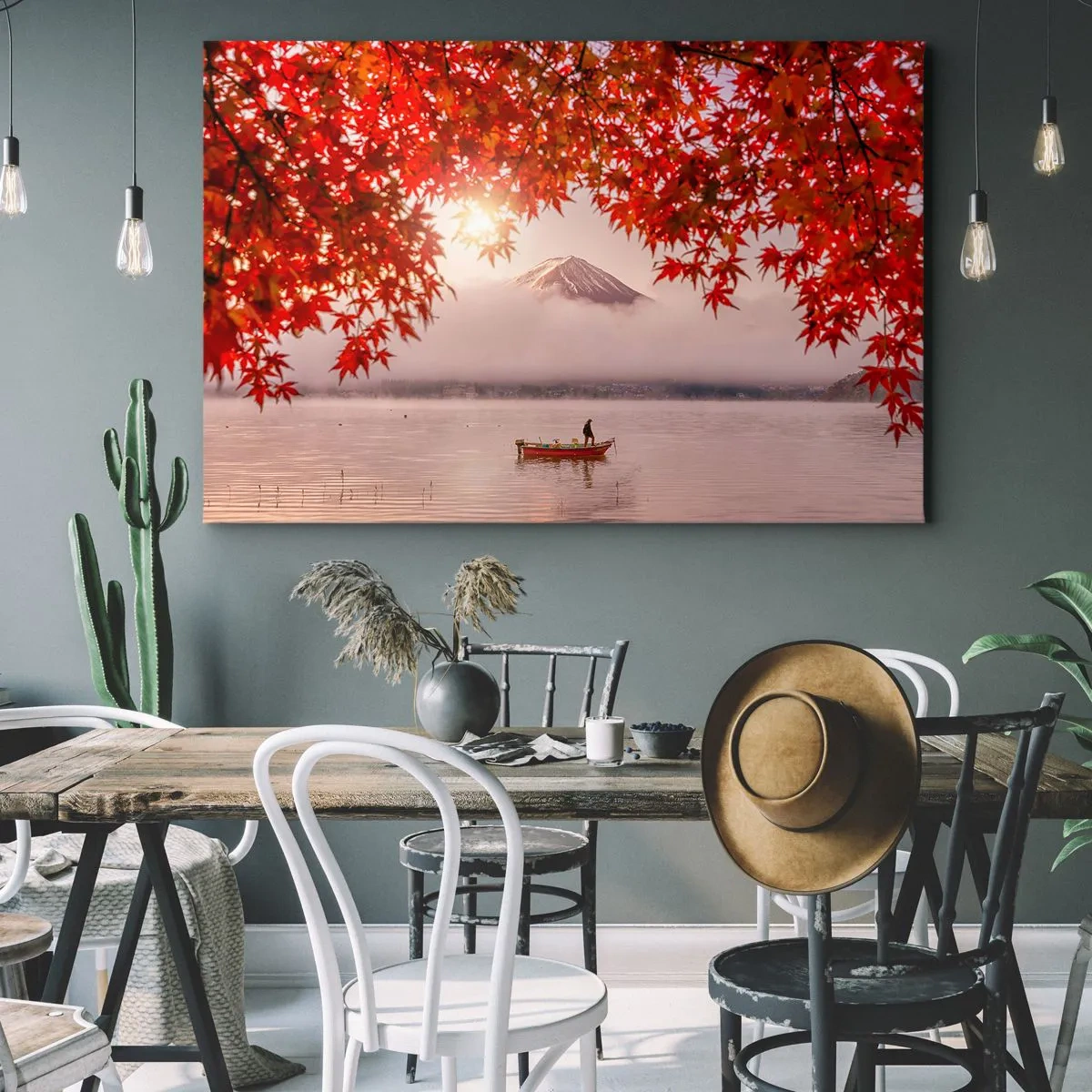 Bild auf Leinwand - Leinwandbild - Ein Boot auf einem See, umgeben von roten Ahornblättern - 70x50cm - Im japanischen Klima - Moderne Wanddekoration für Wohnzimmer und Schlafzimmer ARTTOR