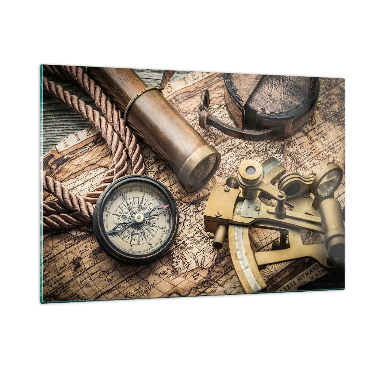 Glasbild - Bild auf glas - Kompass, Karte und Navigationshilfen im Retro-Stil - 120x80cm - Setze Sie einen Kurs - Moderne Wanddekoration für Wohnzimmer und Schlafzimmer ARTTOR