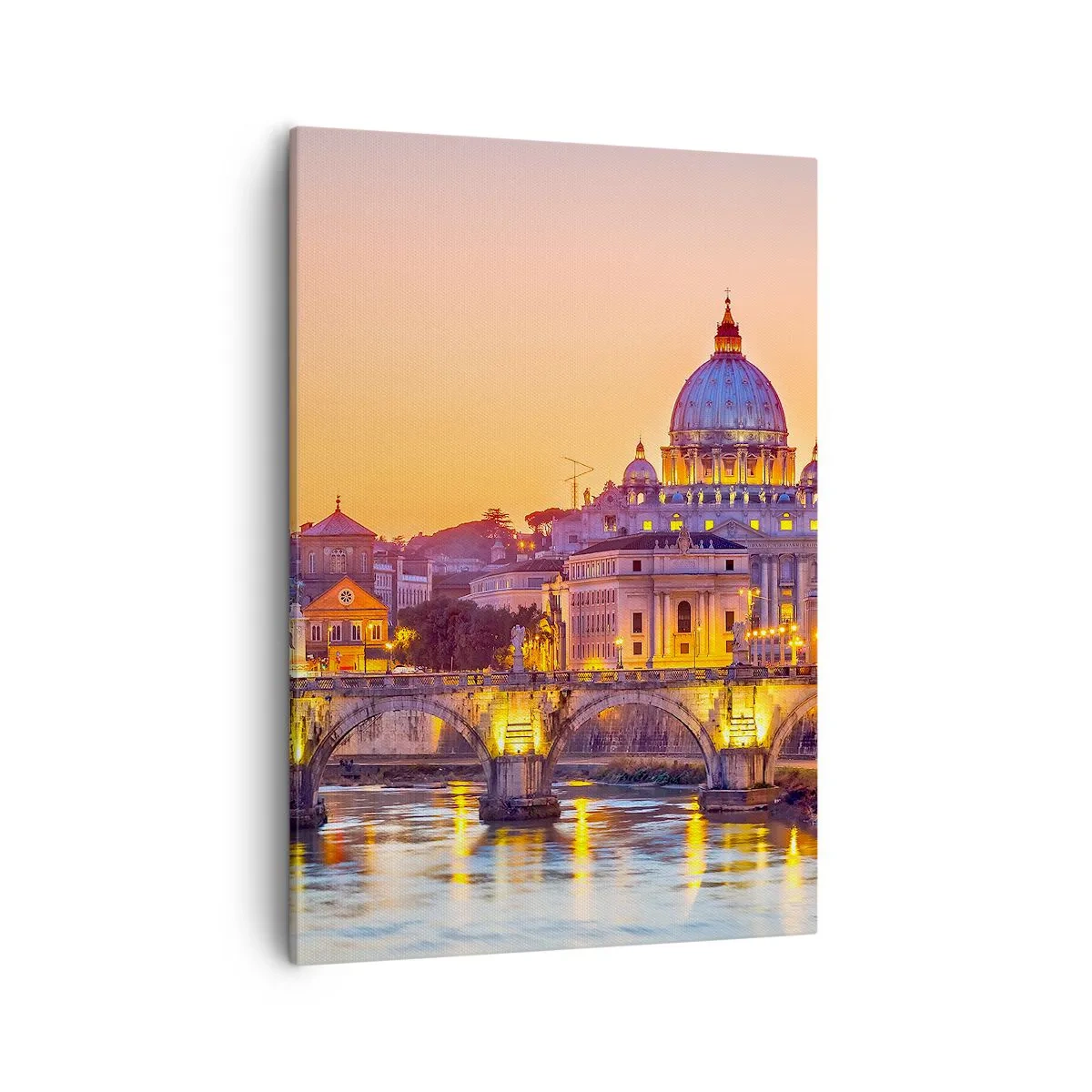 Bild auf Leinwand - Leinwandbild - Panorama des Vatikans bei Sonnenuntergang mit einer Brücke über den Fluss - 50x70cm - Sonnenuntergang über der ewigen Stadt - Moderne Wanddekoration für Wohnzimmer und Schlafzimmer ARTTOR
