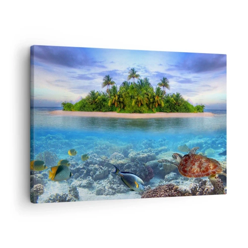 Bild auf Leinwand - Leinwandbild - Eine tropische Insel, umgeben von einem türkisfarbenen Ozean mit einem Korallenriff und Fischen. - 70x50cm - Heavenly Island lädt dich ein - Moderne Wanddekoration für Wohnzimmer und Schlafzimmer ARTTOR