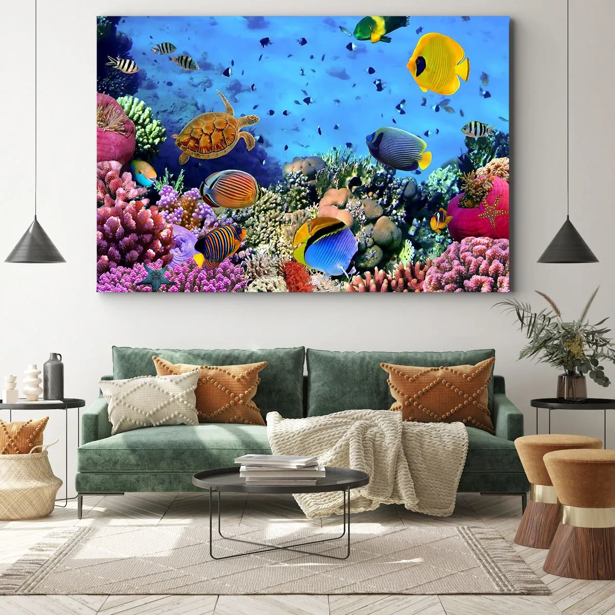 Bild auf Leinwand - Leinwandbild - Korallenriff mit bunten Fischen und einer Meeresschildkröte - 100x70cm - Und was wissen wir über das Leben ... - Moderne Wanddekoration für Wohnzimmer und Schlafzimmer ARTTOR