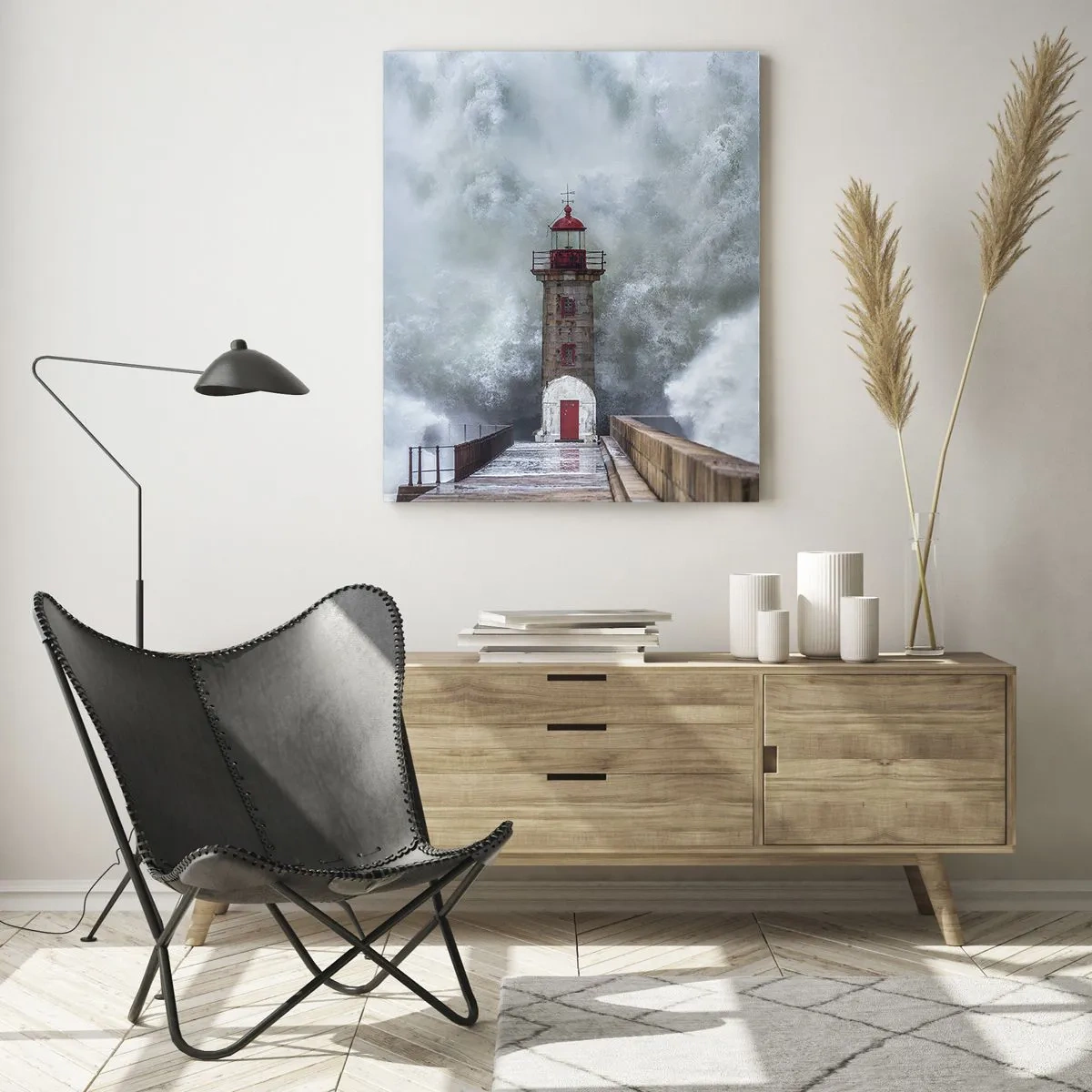 Glasbild - Bild auf glas - Ein Leuchtturm wird von einer starken Welle getroffen. - 50x70cm - Das Rauschen des Wassers, der Lärm wird wehen - Moderne Wanddekoration für Wohnzimmer und Schlafzimmer ARTTOR