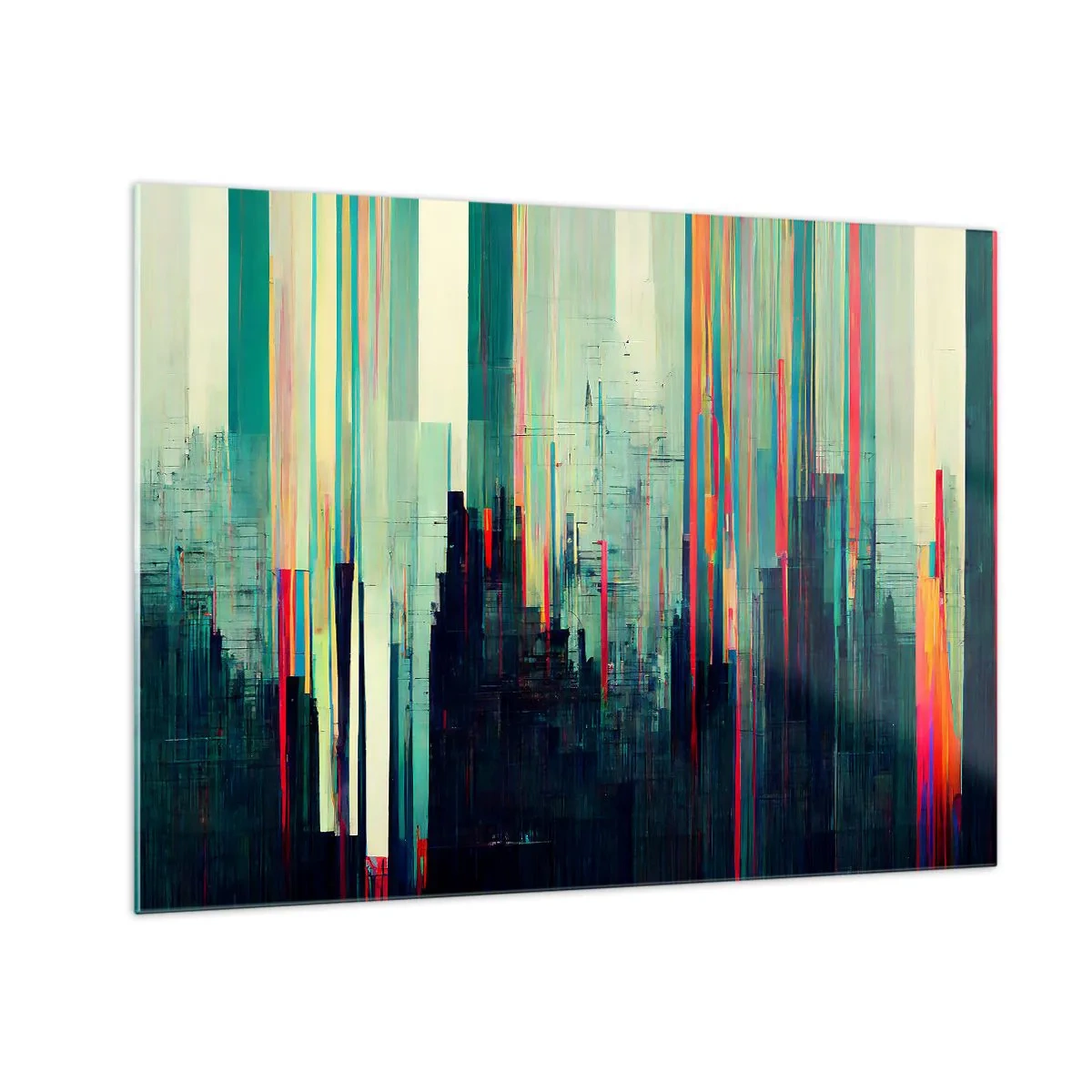 Glasbild - Bild auf glas - Vertikale farbige Linien bilden den Umriss einer futuristischen Metropole. - 70x50cm - Futuristische Stadt - Moderne Wanddekoration für Wohnzimmer und Schlafzimmer ARTTOR