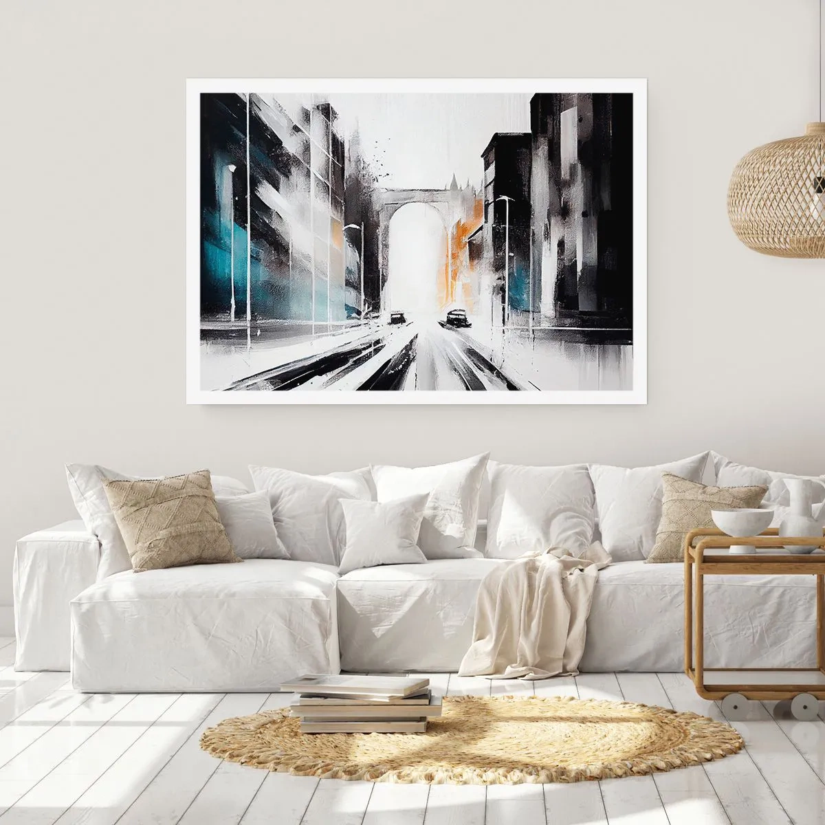 Poster - Abstraktes Stadtpanorama mit einer Bogenbrücke - 100x70cm - Stadtstudie: Architektur und Bewegung - Moderne Wanddekoration für Wohnzimmer und Schlafzimmer ARTTOR