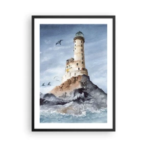 Poster in einem schwarzem Rahmen - Ein Aquarell eines Leuchtturms an einer felsigen Küste - 50x70cm - Unbesiegbar - Moderne Wanddekoration für Wohnzimmer und Schlafzimmer ARTTOR