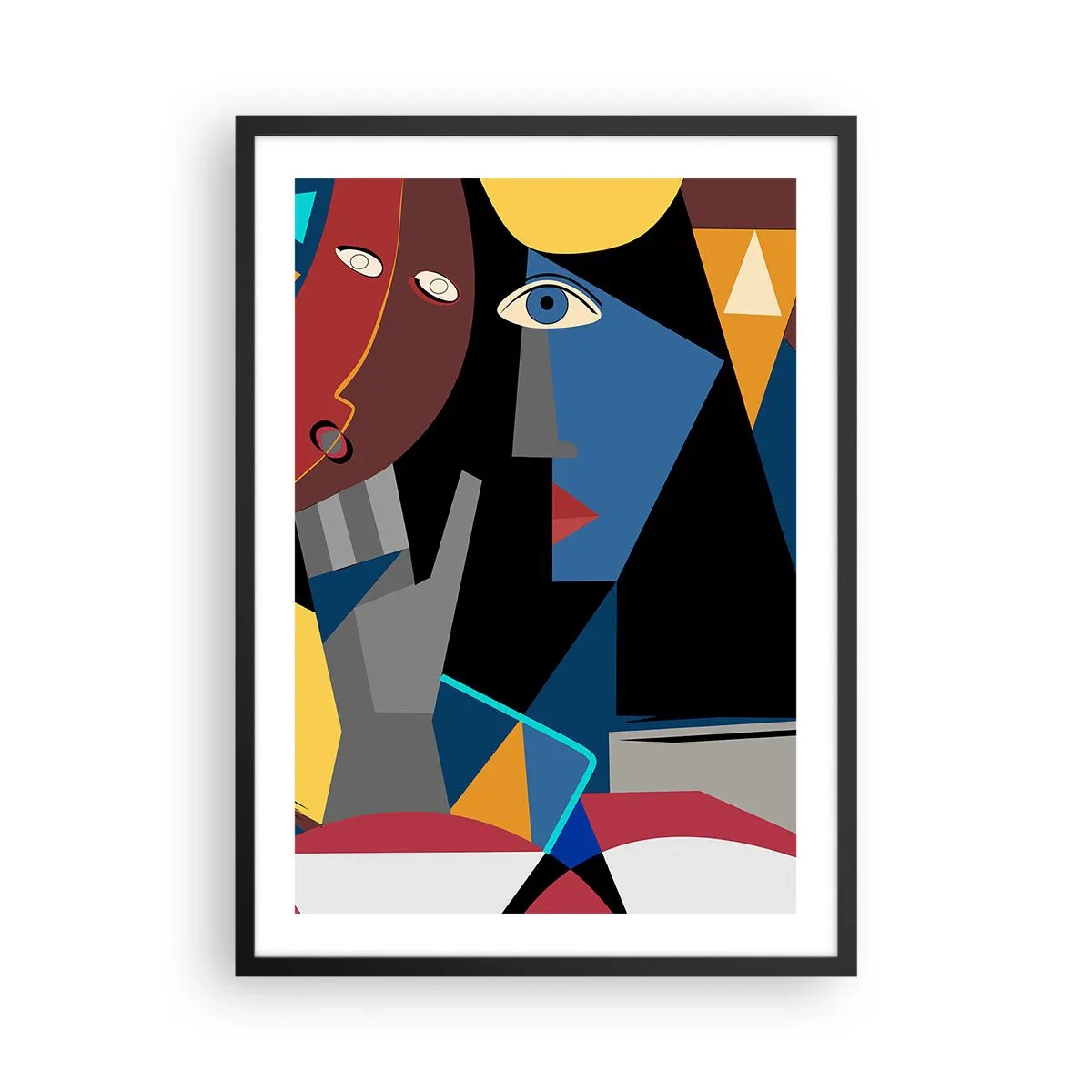 Poster in einem schwarzem Rahmen - Kubistische Abstraktion eines Gesichts in lebendigen Farben - 50x70cm - Gespräch zwischen Kubisten - Moderne Wanddekoration für Wohnzimmer und Schlafzimmer ARTTOR