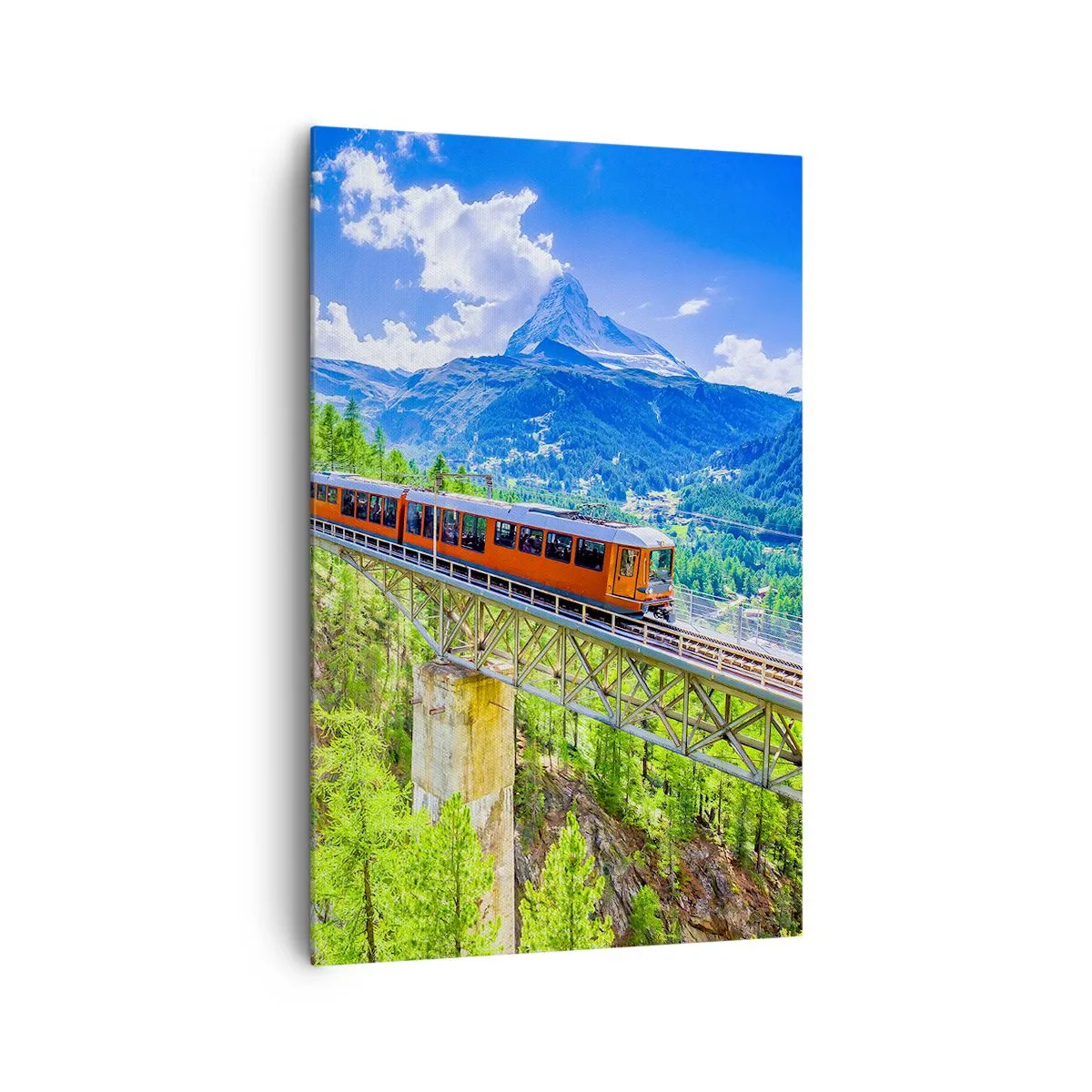 Bild auf Leinwand - Leinwandbild - Eine Achterbahn auf einer Brücke mit Blick auf einen Wasserfall und Berge - 80x120cm - Jetzt sind Alpen dran - Moderne Wanddekoration für Wohnzimmer und Schlafzimmer ARTTOR