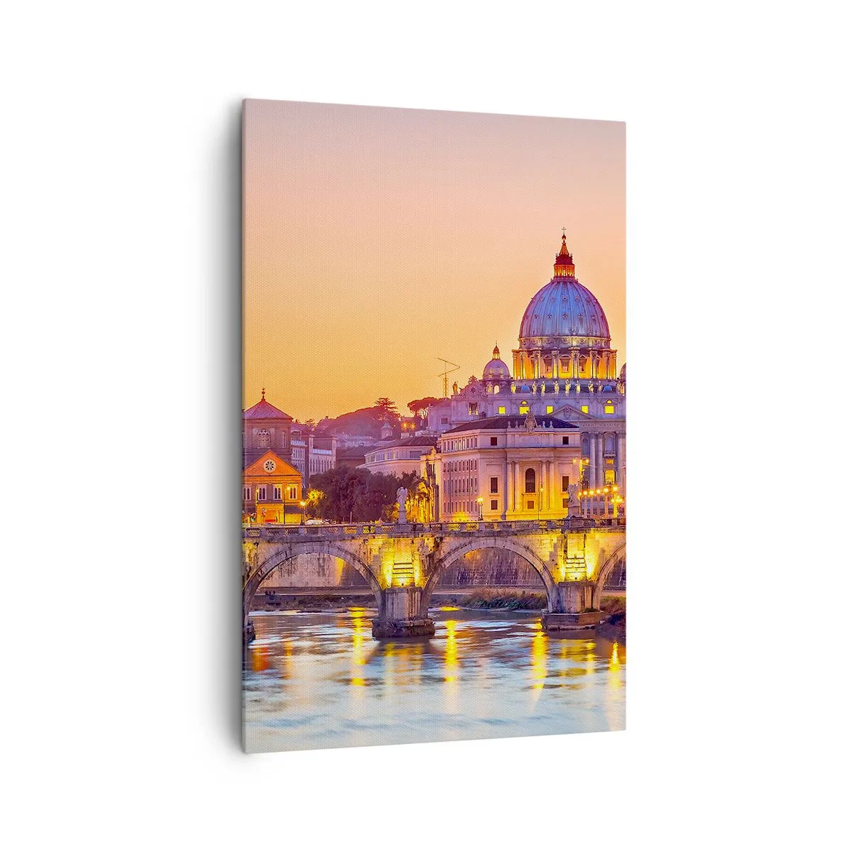 Bild auf Leinwand - Leinwandbild - Panorama des Vatikans bei Sonnenuntergang mit einer Brücke über den Fluss - 80x120cm - Sonnenuntergang über der ewigen Stadt - Moderne Wanddekoration für Wohnzimmer und Schlafzimmer ARTTOR