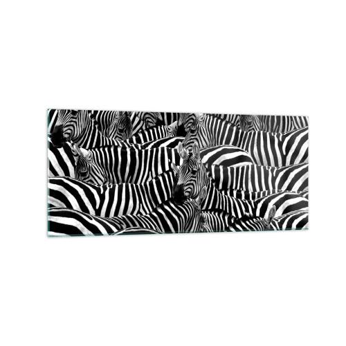 Glasbild - Bild auf glas - Eine Gruppe Zebras mit schwarzen und weißen Streifen, die ein symmetrisches Muster bilden. - 120x50cm - Gestreiftes Gruppenportrait - Moderne Wanddekoration für Wohnzimmer und Schlafzimmer ARTTOR