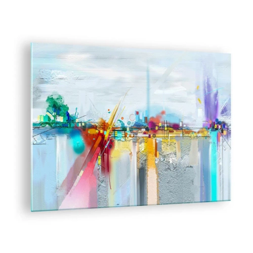 Glasbild - Bild auf glas - Abstrakte Brücke in leuchtenden Farben über einem Fluss mit pastellfarbenem Hintergrund - 70x50cm - Freudenbrücke über den Fluss des Lebens - Moderne Wanddekoration für Wohnzimmer und Schlafzimmer ARTTOR