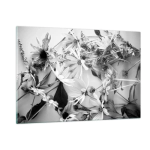 Glasbild - Bild auf glas - Verstreute schwarz-weiße Blumen in einem kunstvollen Arrangement - 120x80cm - Kein Blumenstrauß - Moderne Wanddekoration für Wohnzimmer und Schlafzimmer ARTTOR
