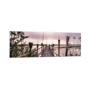 Glasbild - Bild auf glas - Bambusbrücke über das Wasser im Morgengrauen - 160x50cm - Frieden und Ruhe Asiens - Moderne Wanddekoration für Wohnzimmer und Schlafzimmer ARTTOR