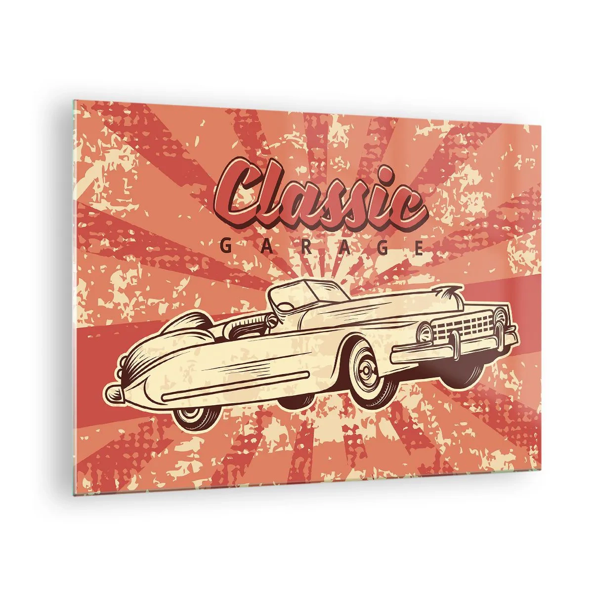 Glasbild - Bild auf glas - Retro-Grafik eines Oldtimers vor einem Strahlenhintergrund - 70x50cm - Und im Radio, Elvis - Moderne Wanddekoration für Wohnzimmer und Schlafzimmer ARTTOR