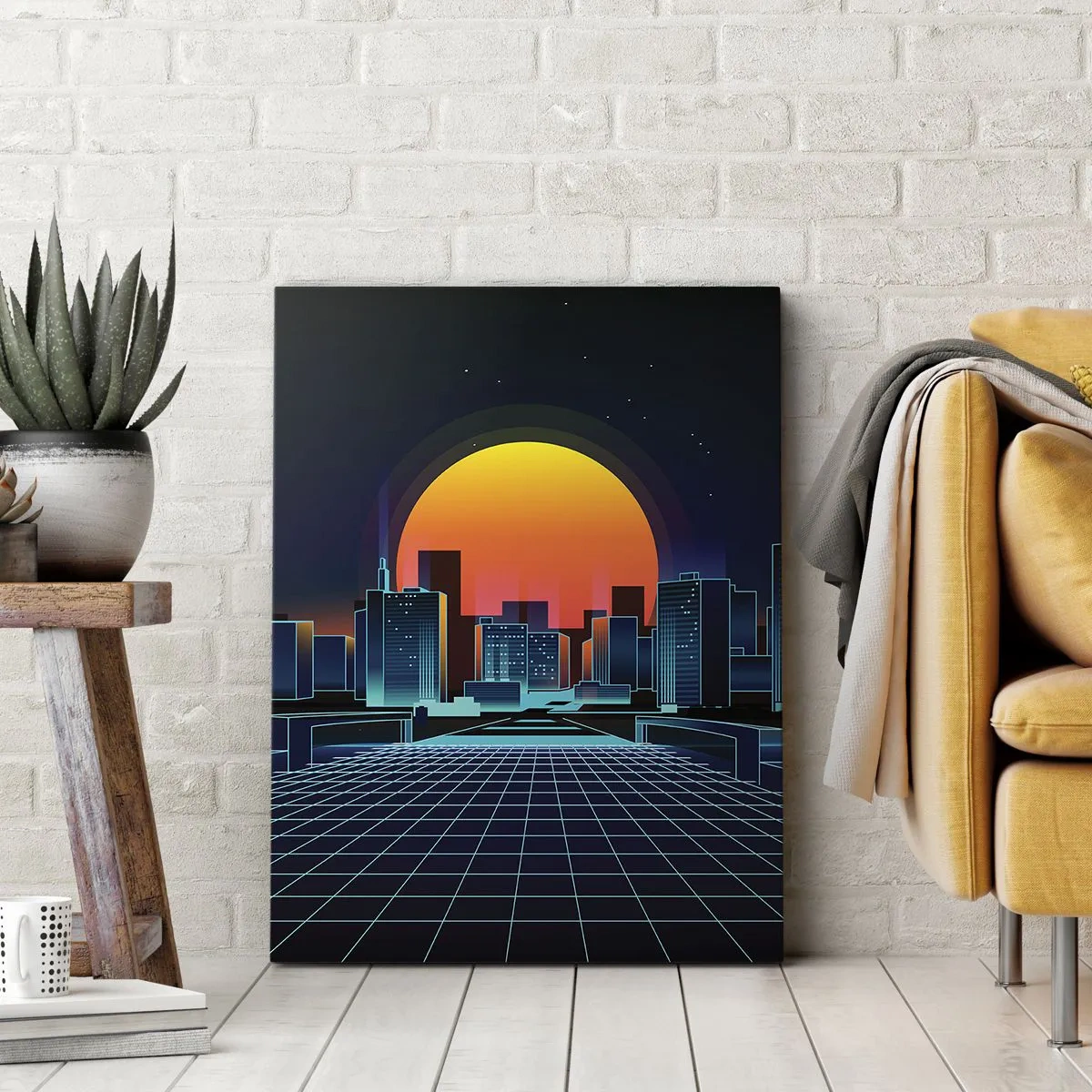 Bild auf Leinwand - Leinwandbild - Futuristische Skyline im Neon-Stil - 80x120cm - Willst du immer noch zu Real gehen? - Moderne Wanddekoration für Wohnzimmer und Schlafzimmer ARTTOR