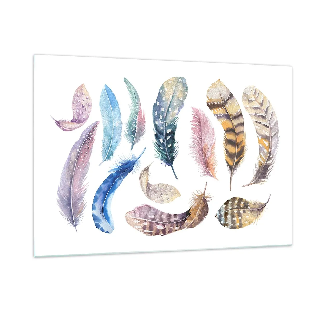 Glasbild - Bild auf glas - Bunte Federn im künstlerischen Stil auf weißem Hintergrund - 120x80cm - Hell, bunt und bunt - Moderne Wanddekoration für Wohnzimmer und Schlafzimmer ARTTOR