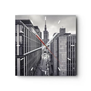 Wanduhr - Glasuhr - Panorama von Warschau mit Blick auf den Kulturpalast und die umliegenden Gebäude - 30x30cm - Warschauer Tal - Moderne Wanddekoration für Wohnzimmer und Schlafzimmer ARTTOR