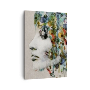 Bild auf Leinwand - Leinwandbild - Profil einer Frau in Aquarellfarben mit abstraktem Hintergrund - 70x100cm - Sie tauchte aus dem Grau auf - Moderne Wanddekoration für Wohnzimmer und Schlafzimmer ARTTOR