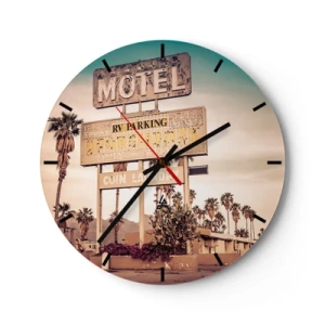 Wanduhr - Glasuhr - Retro-Motelschild mit Palmen im Hintergrund auf einer Wüstenstraße - 30x30cm - Hier ist die Zeit stehen geblieben - Moderne Wanddekoration für Wohnzimmer, Küche und Schlafzimmer ARTTOR