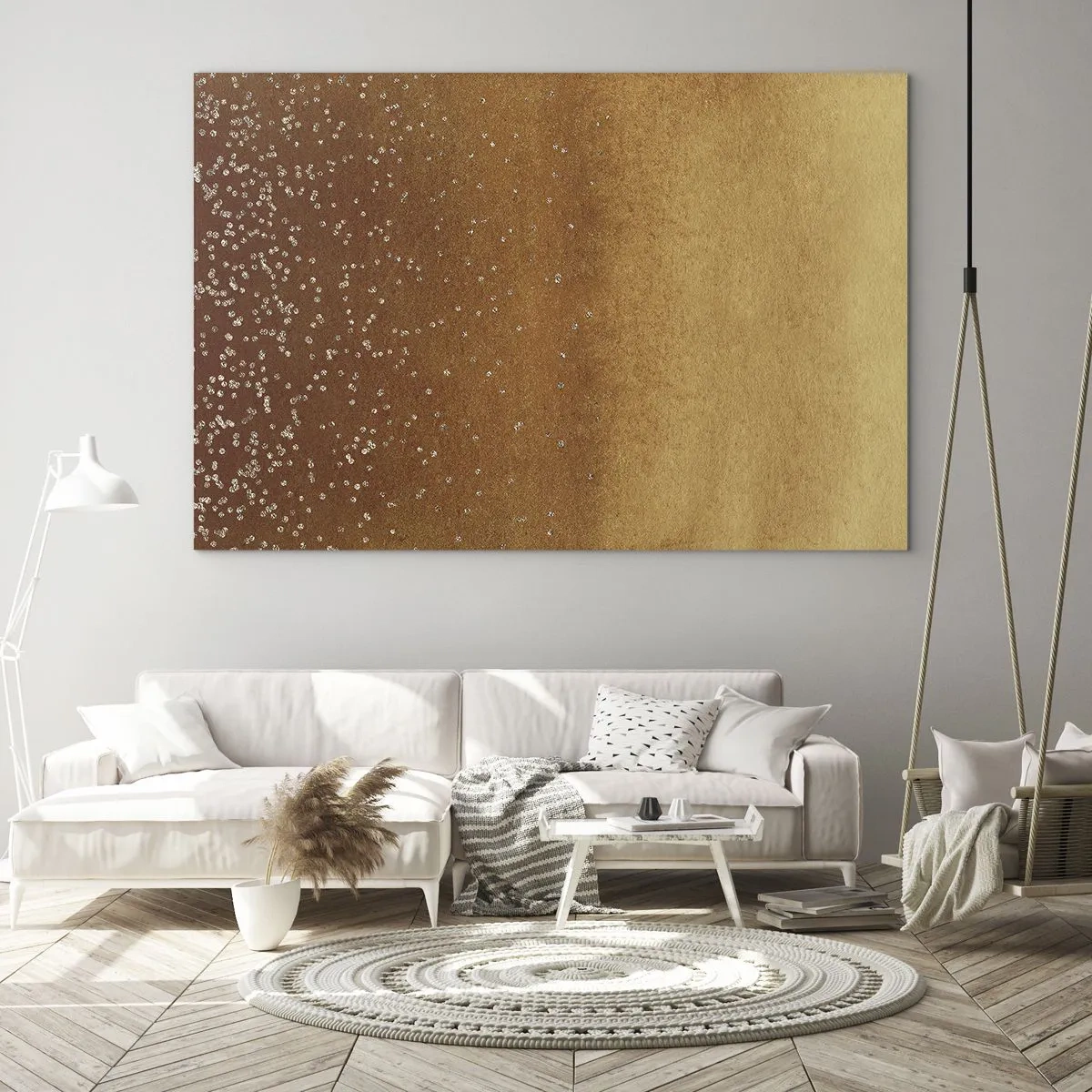 Glasbild - Bild auf glas - Gold abstraktes Muster mit feinen Reflexionen - 70x50cm - Die Geburt des Lichts - Moderne Wanddekoration für Wohnzimmer und Schlafzimmer ARTTOR