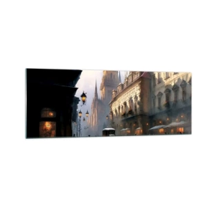 Glasbild - Bild auf glas - Abendliche Straßenszene mit historischer Architektur - 140x50cm - Charme eines Prager Abends - Moderne Wanddekoration für Wohnzimmer und Schlafzimmer ARTTOR