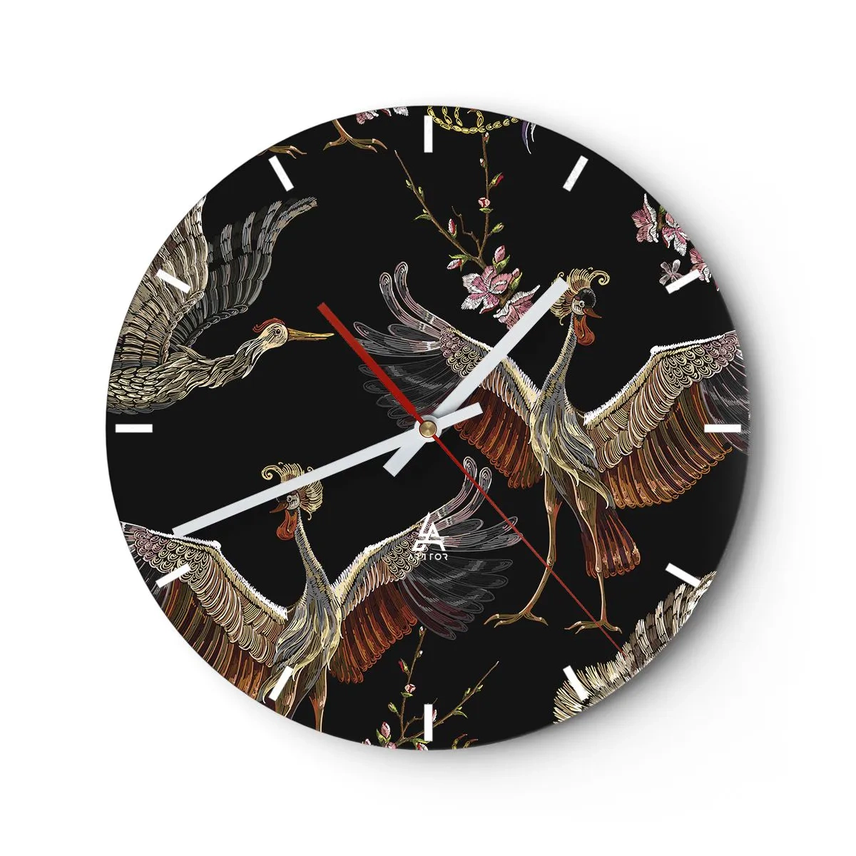 Wanduhr - Glasuhr - Illustrative Vögel im Flug vor einem Hintergrund aus floralen Zweigen und schwarzen - 30x30cm - Märchenvogel - Moderne Wanddekoration für Wohnzimmer, Küche und Schlafzimmer ARTTOR
