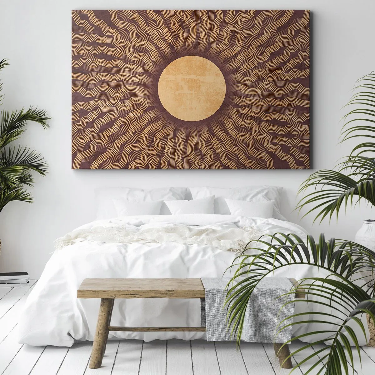 Bild auf Leinwand - Leinwandbild - Sonniges Muster mit Strahlen auf einem Hintergrund in Brauntönen - 70x50cm - Sonnensymbol - Moderne Wanddekoration für Wohnzimmer und Schlafzimmer ARTTOR