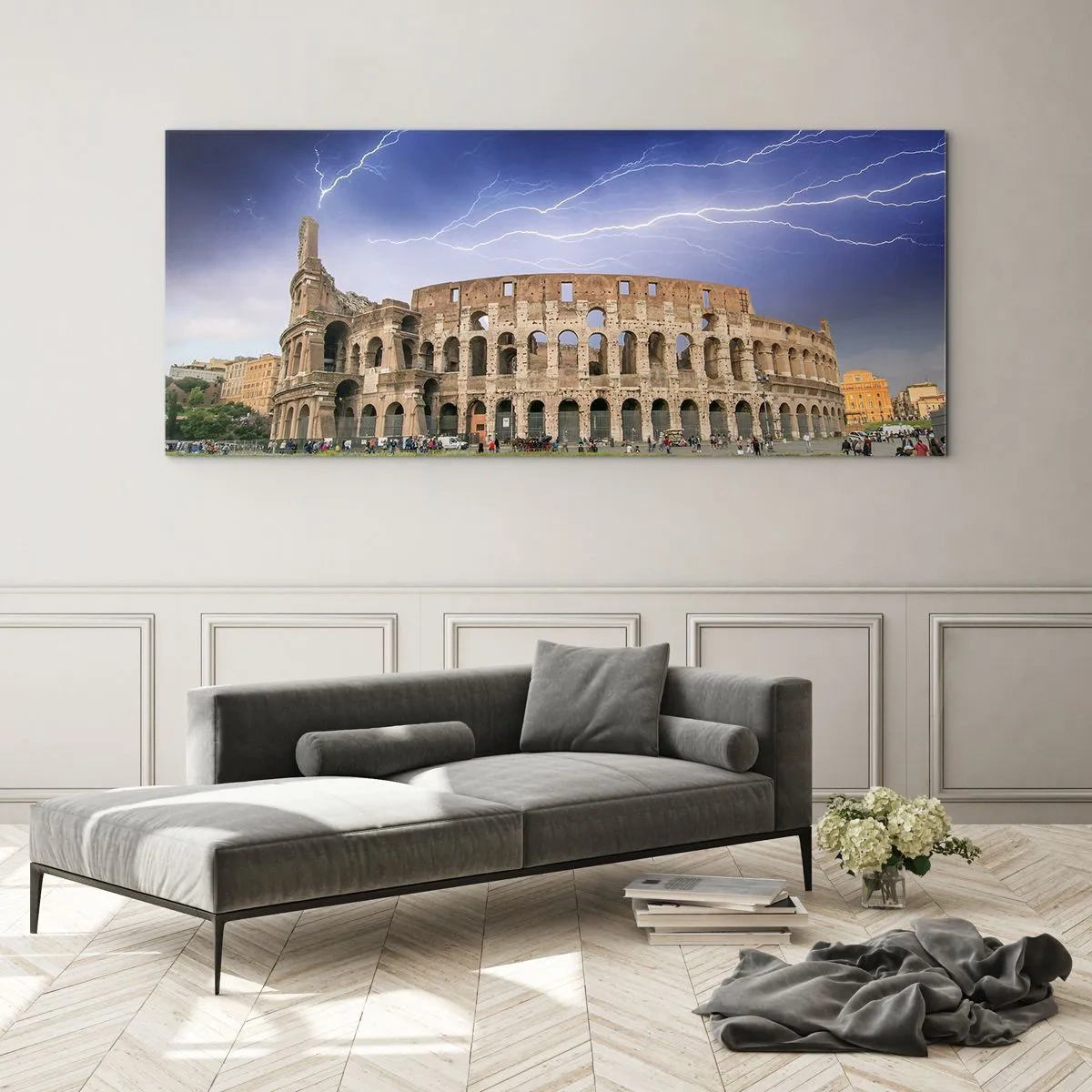 Glasbild - Bild auf glas - Das Kolosseum in Rom wird vom Blitz erleuchtet - 120x50cm - Kampfarena - Moderne Wanddekoration für Wohnzimmer und Schlafzimmer ARTTOR