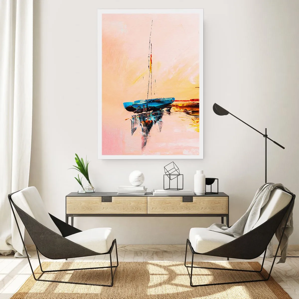 Poster - Abstraktes Boot auf ruhigem Wasser bei Sonnenuntergang - 50x70cm - Abend im Yachthafen - Moderne Wanddekoration für Wohnzimmer und Schlafzimmer ARTTOR