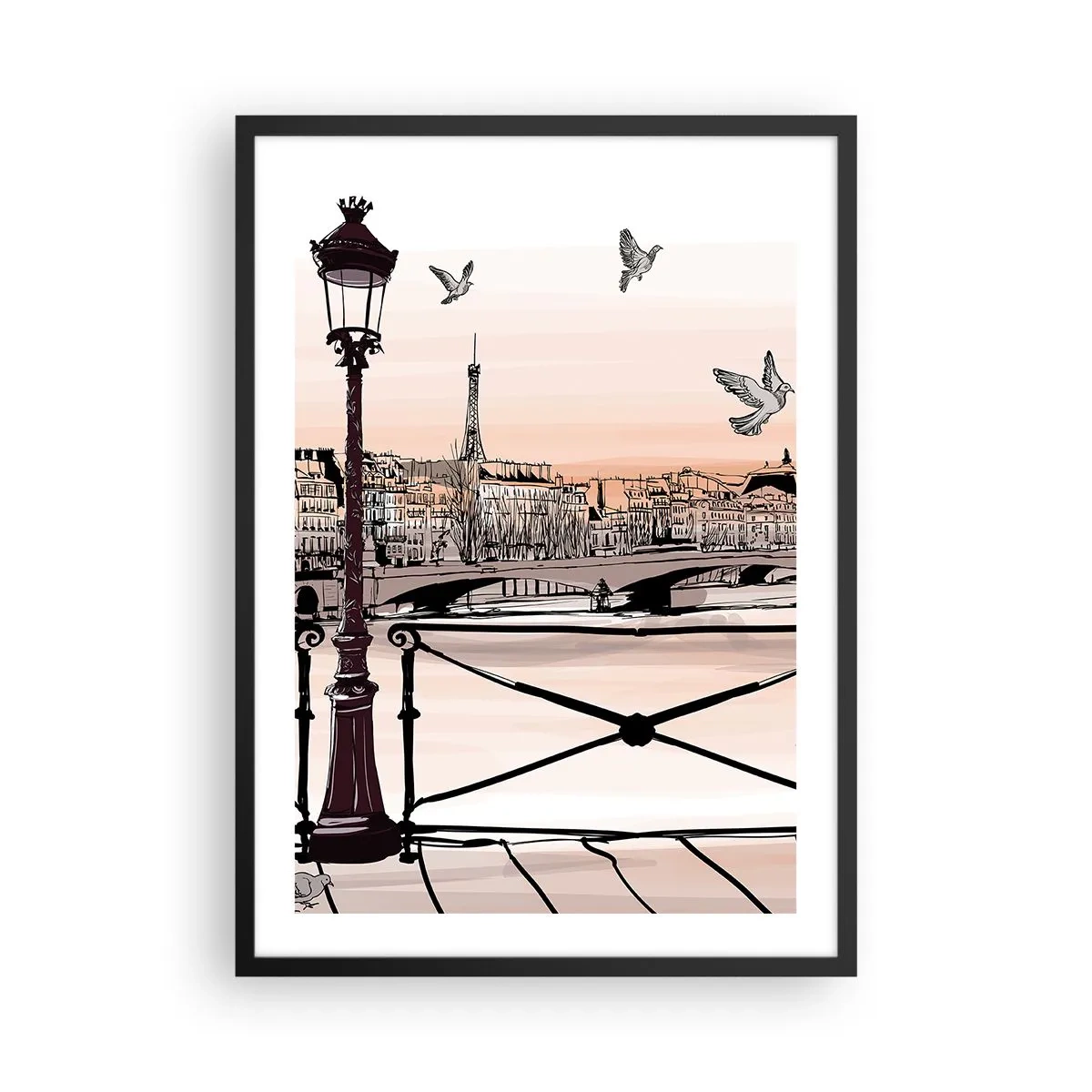 Poster in einem schwarzem Rahmen - Illustration von Paris bei Sonnenuntergang mit einer Laterne und einer Brücke - 50x70cm - Über den Dächern von Paris - Moderne Wanddekoration für Wohnzimmer und Schlafzimmer ARTTOR