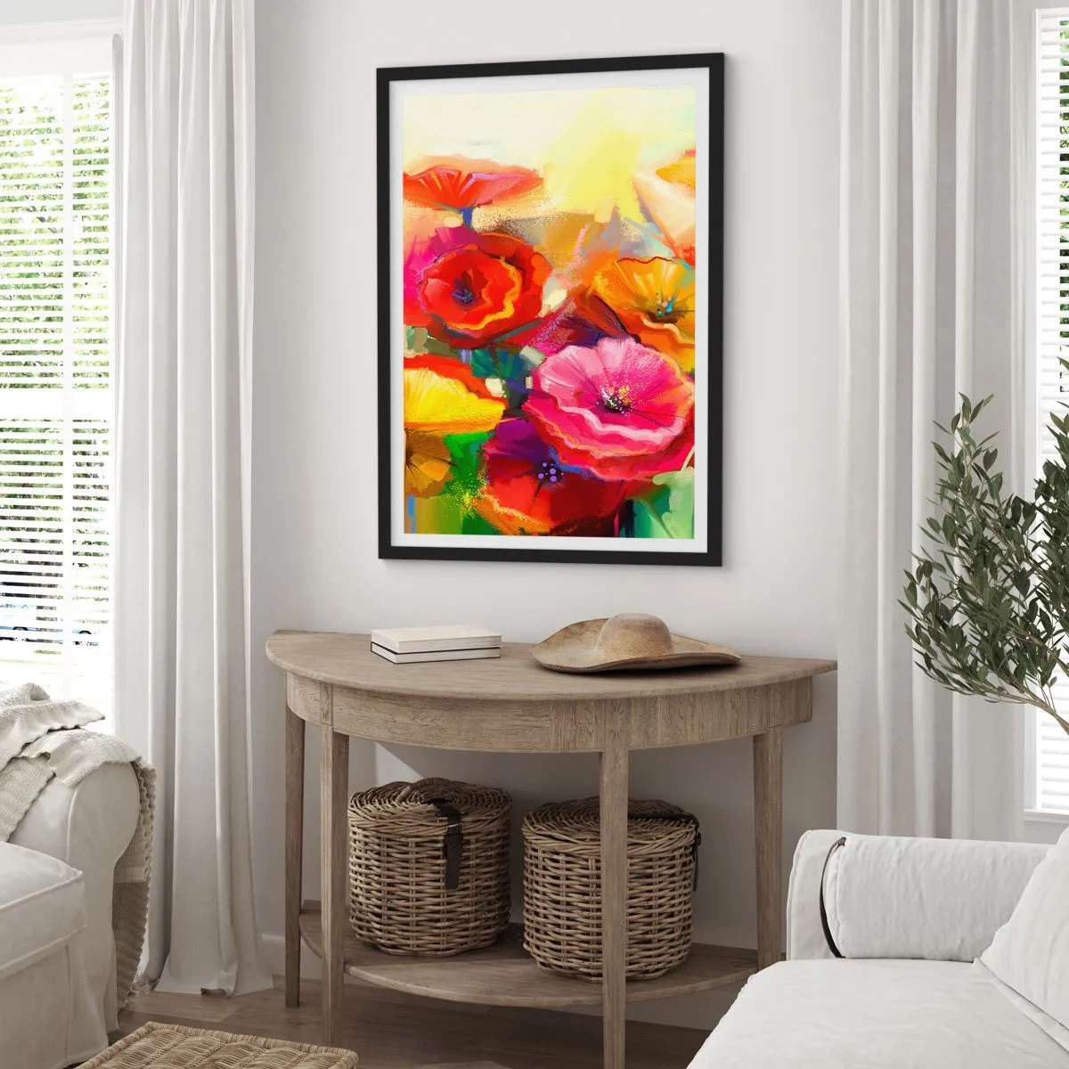 Poster in einem schwarzem Rahmen - Bunte Mohnblumen auf abstraktem Hintergrund - 50x70cm - Nicht nur rot - Moderne Wanddekoration für Wohnzimmer und Schlafzimmer ARTTOR