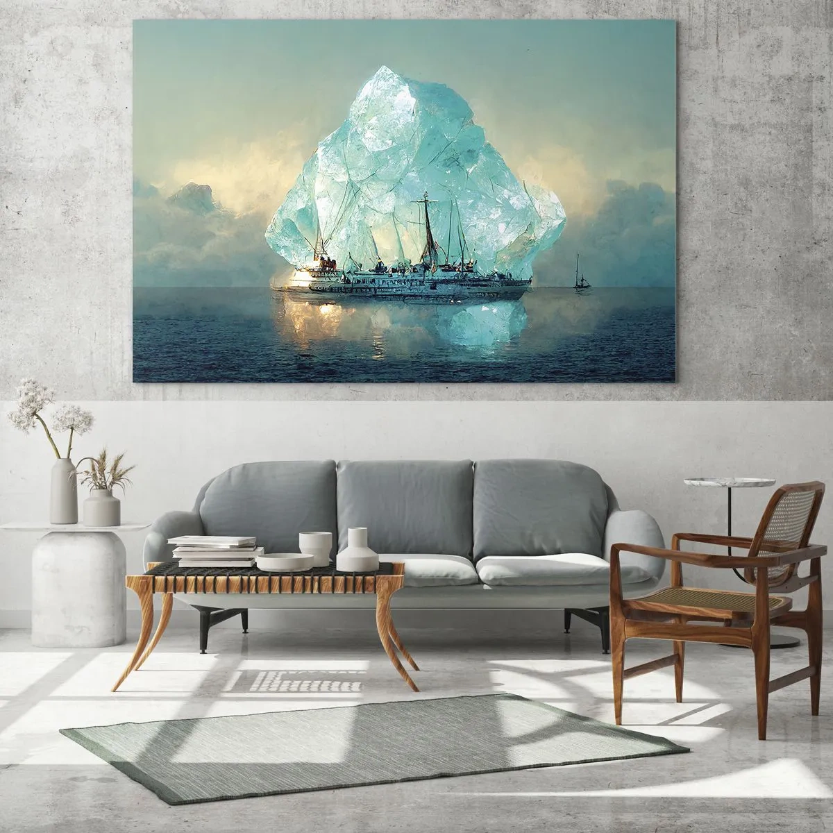 Glasbild - Bild auf glas - Ein Segelschiff vor einem riesigen Gletscher im arktischen Licht. - 70x50cm - Arktischer Diamant - Moderne Wanddekoration für Wohnzimmer und Schlafzimmer ARTTOR