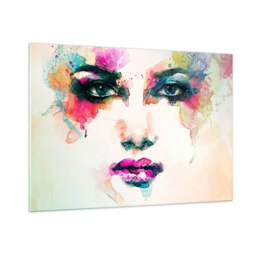 Glasbild - Bild auf glas - Porträt einer Frau in Aquarellfarben und Details - 100x70cm - Ein mit einem Regenbogen gemaltes Porträt - Moderne Wanddekoration für Wohnzimmer und Schlafzimmer ARTTOR