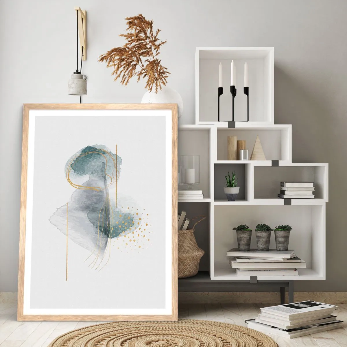 Poster in einem Rahmen aus heller Eiche - Über das Verhältnis von Grau und Gold - 70x100 cm