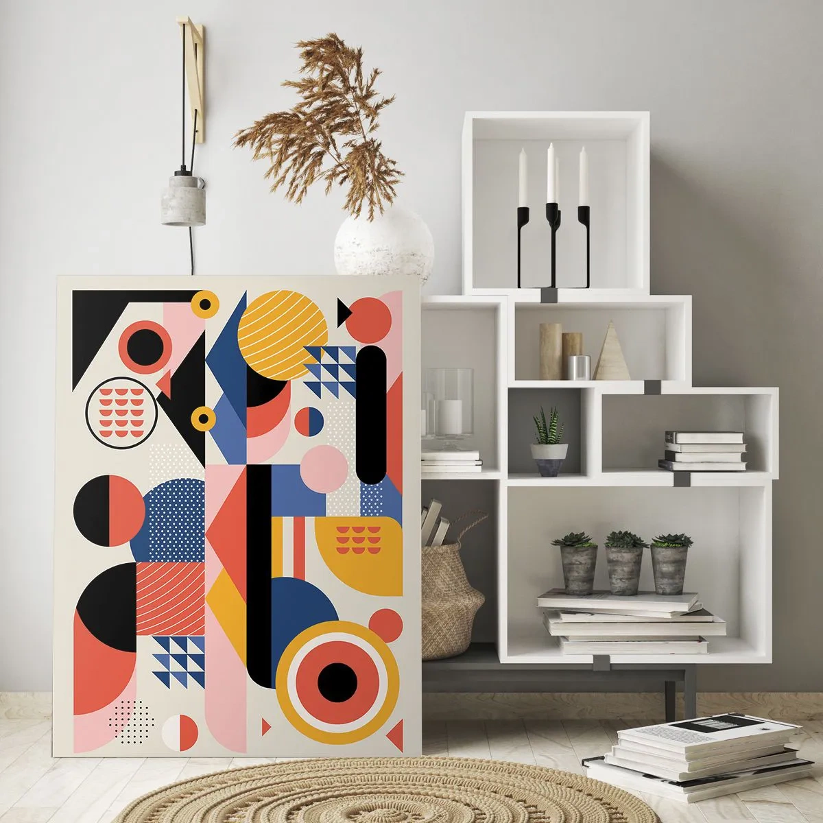 Glasbild - Bild auf glas - Bunte geometrische Formen im Retro-Stil - 80x120cm - Komposition: Na, los, spiel! - Moderne Wanddekoration für Wohnzimmer und Schlafzimmer ARTTOR