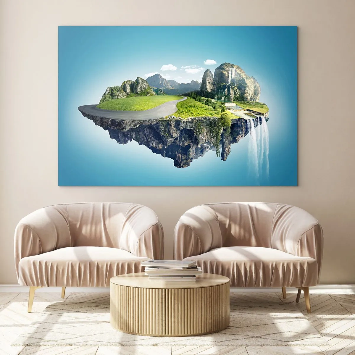 Glasbild - Bild auf glas - Eine schwimmende Insel mit Bergen, einem Wasserfall und viel Grün - 120x80cm - Fantastische Insel - Moderne Wanddekoration für Wohnzimmer und Schlafzimmer ARTTOR