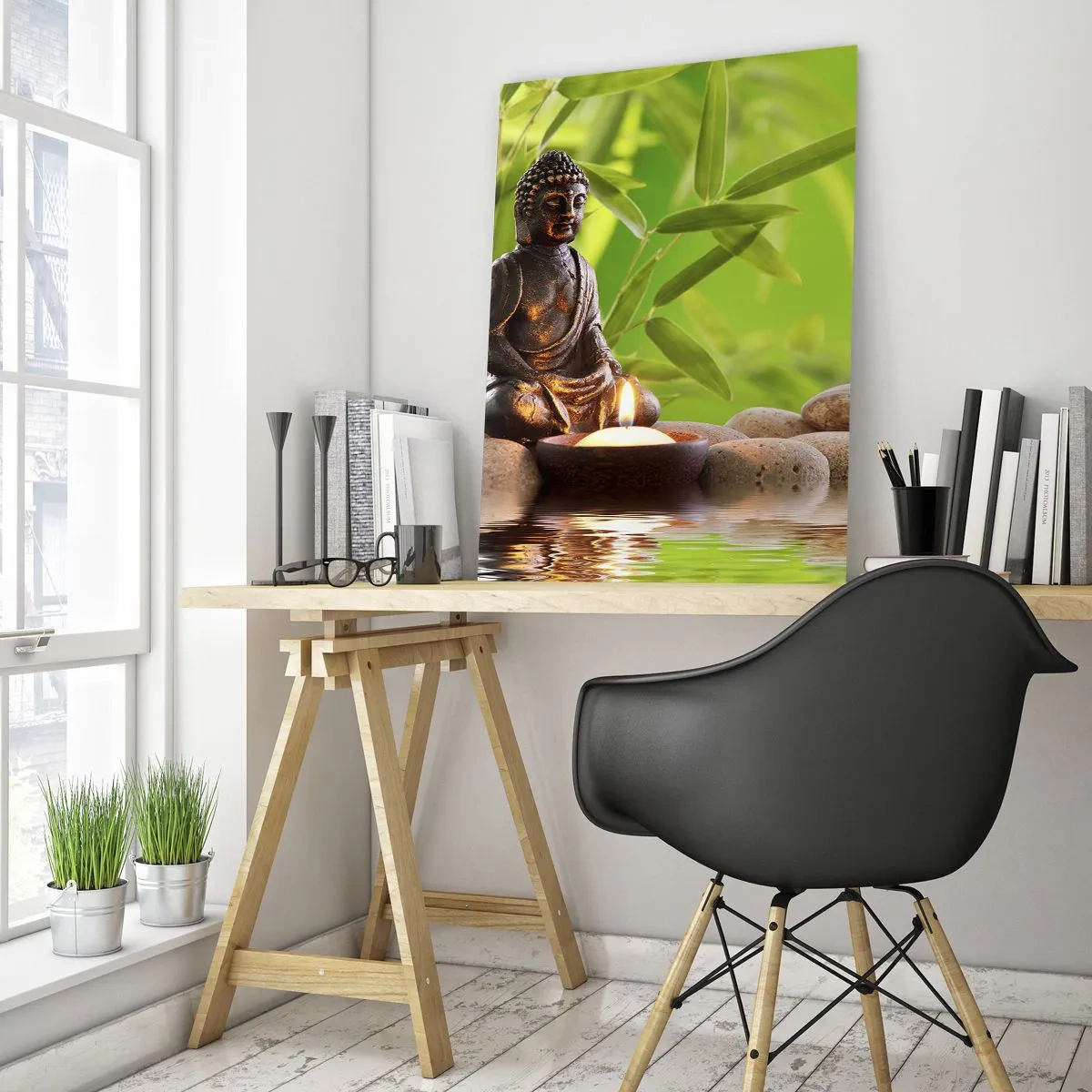 Glasbild - Bild auf glas - Buddha-Figur mit Steinen und einer Kerze vor Bambus-Hintergrund - 80x120cm - Das Leben ist wunderschoen - Moderne Wanddekoration für Wohnzimmer und Schlafzimmer ARTTOR