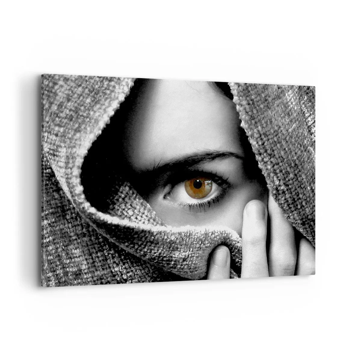 Bild auf Leinwand - Leinwandbild - Porträt einer Frau mit bernsteinfarbenen Augen, bedeckt mit einem Stoff in Grautönen. - 100x70cm - Erfahre das Geheimnis - Moderne Wanddekoration für Wohnzimmer und Schlafzimmer ARTTOR
