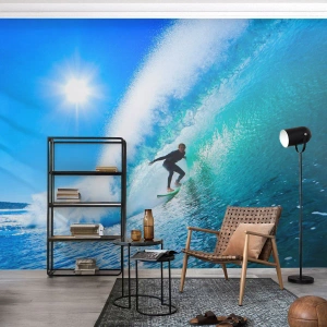 Fototapete Premium Sand - Ein Surfer reitet einen Wellentunnel im Ozean - 100x70cm - Durch das große Blau - Moderne Wanddekoration für Wohnzimmer und Schlafzimmer ARTTOR