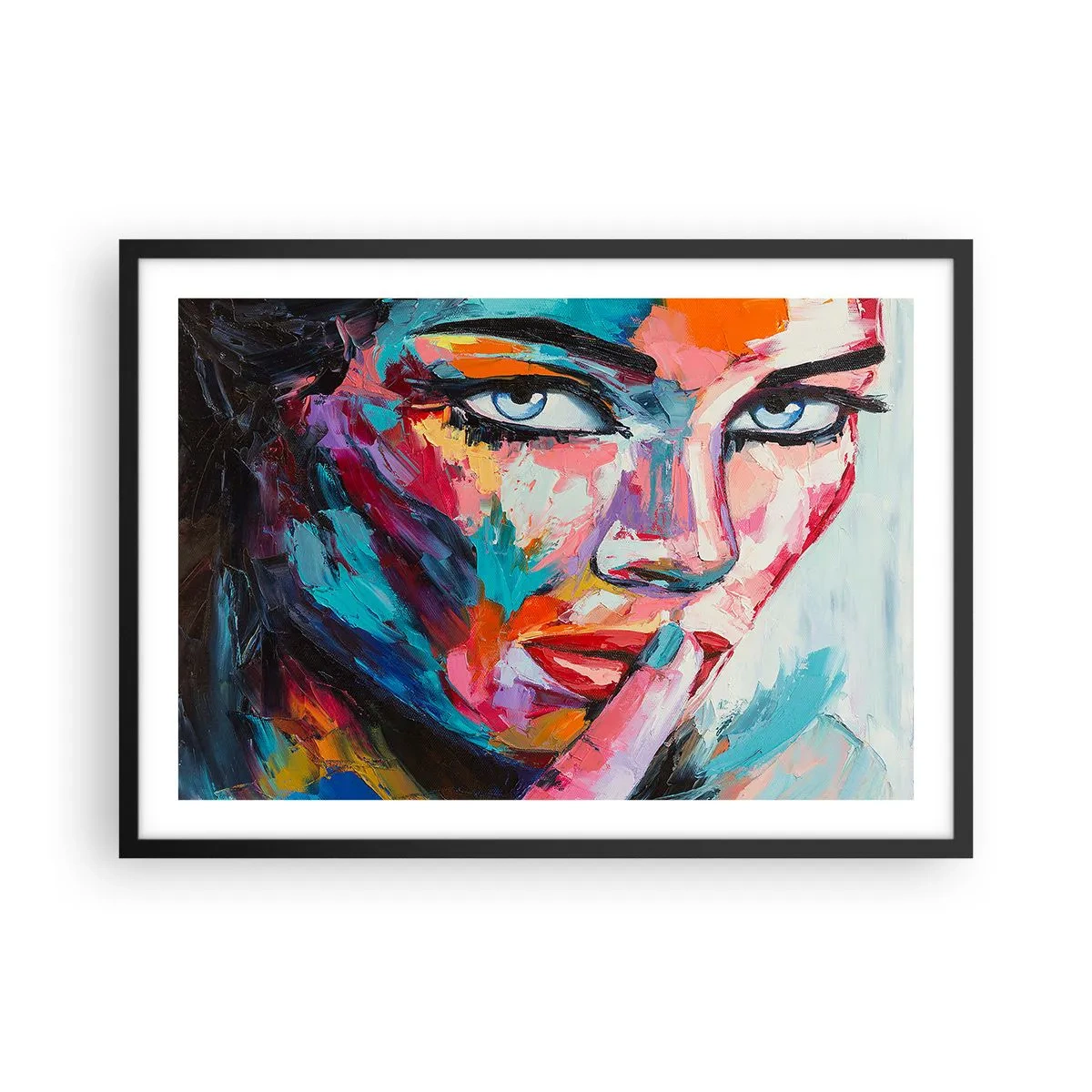 Poster in einem schwarzem Rahmen - Farbenfrohes Porträt einer Frau im abstrakten Stil - 70x50cm - Unser erstes Geheimnis - Moderne Wanddekoration für Wohnzimmer und Schlafzimmer ARTTOR
