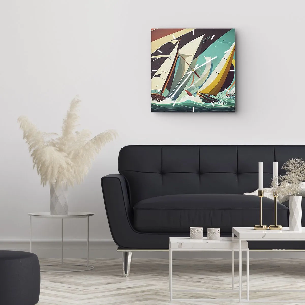Wanduhr - Glasuhr - Eine dynamische Illustration von Segelbooten in stürmischer See. - 30x30cm - Viel Glück mit den Elementen - Moderne Wanddekoration für Wohnzimmer und Schlafzimmer ARTTOR