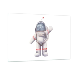 Glasbild - Bild auf glas - Astronaut winkt im Weltraum - 120x80cm - Bis dann! - Moderne Wanddekoration für Wohnzimmer und Schlafzimmer ARTTOR