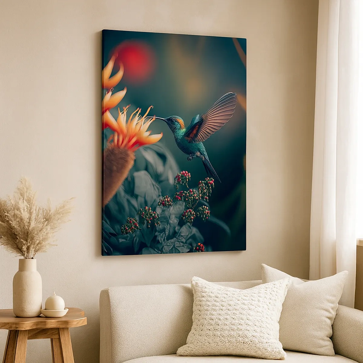 Bild auf Leinwand - Leinwandbild - Ein bunter Kolibri neben Blumen vor einem natürlichen Hintergrund - 50x70cm - Wirklich buntes Leben - Moderne Wanddekoration für Wohnzimmer und Schlafzimmer ARTTOR
