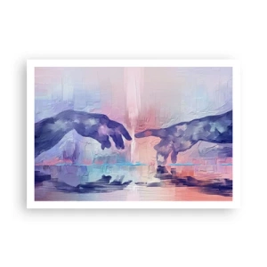 Poster - Symbolische Hände in abstrakten Farben, die auf das Thema der Schöpfung verweisen - 100x70cm - Göttlicher Funke des Lebens - Moderne Wanddekoration für Wohnzimmer und Schlafzimmer ARTTOR