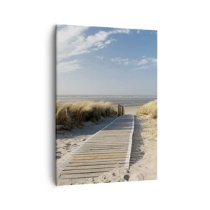 Bild auf Leinwand - Leinwandbild - Ein Holzweg führt durch die Dünen zum ruhigen Meer - 50x70cm - Hinter der Düne, im Rauschen des Grases - Moderne Wanddekoration für Wohnzimmer und Schlafzimmer ARTTOR