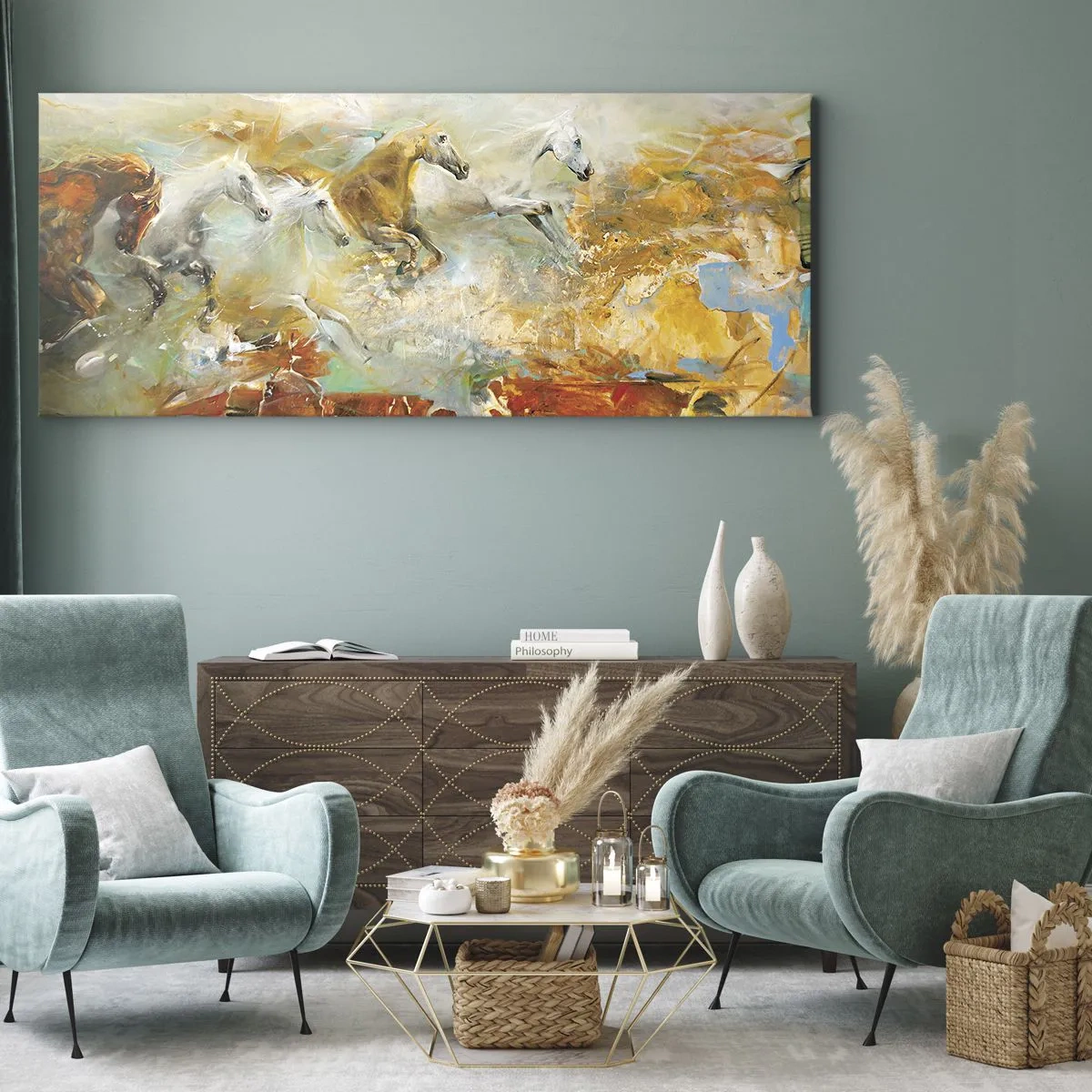 Bild auf Leinwand - Leinwandbild - Im Galopp durch das Licht - 100x40 cm