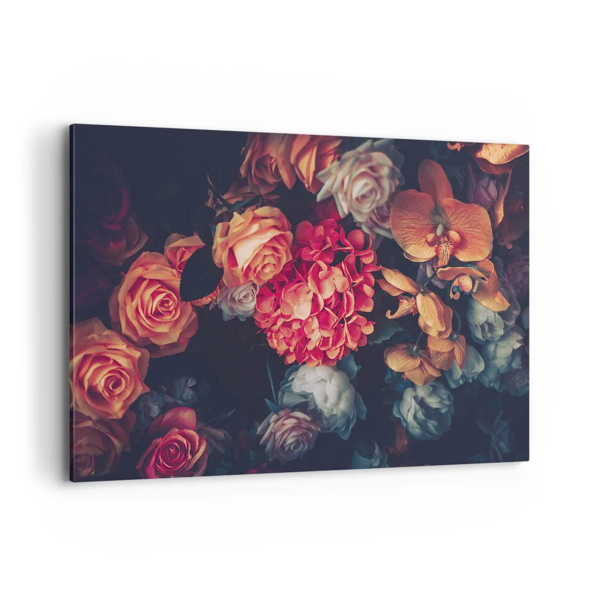 Bild auf Leinwand - Leinwandbild - Ein Strauß verschiedener Blumen in dunklen Tönen - 100x70cm - Wie bei den holländischen Meistern - Moderne Wanddekoration für Wohnzimmer und Schlafzimmer ARTTOR